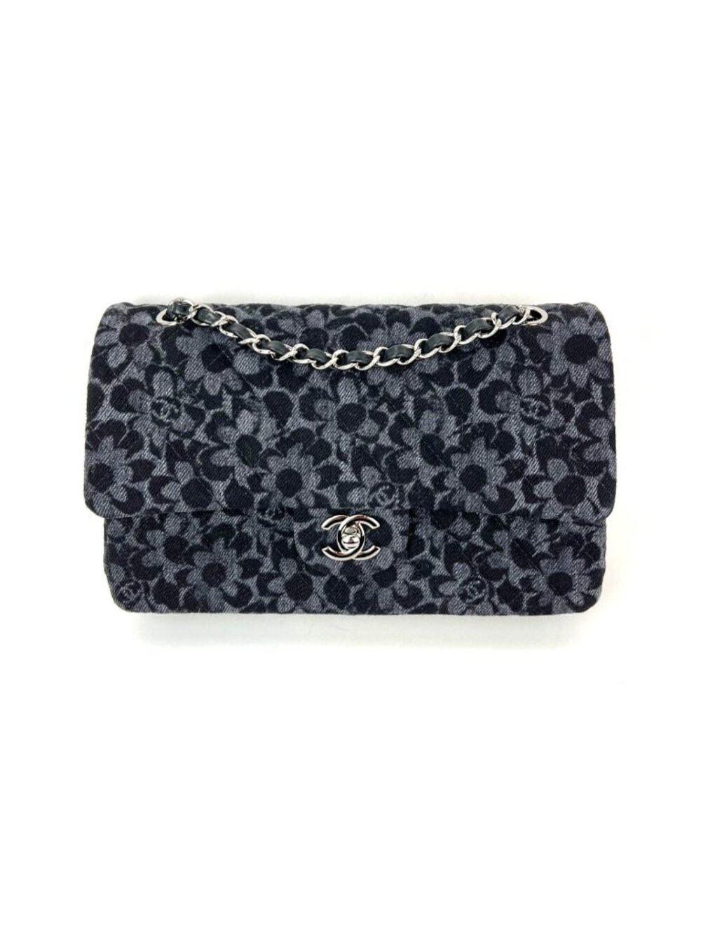 Chanel Printed Denim Quilted Flower Medium Double Flap Black Shoulder Bag